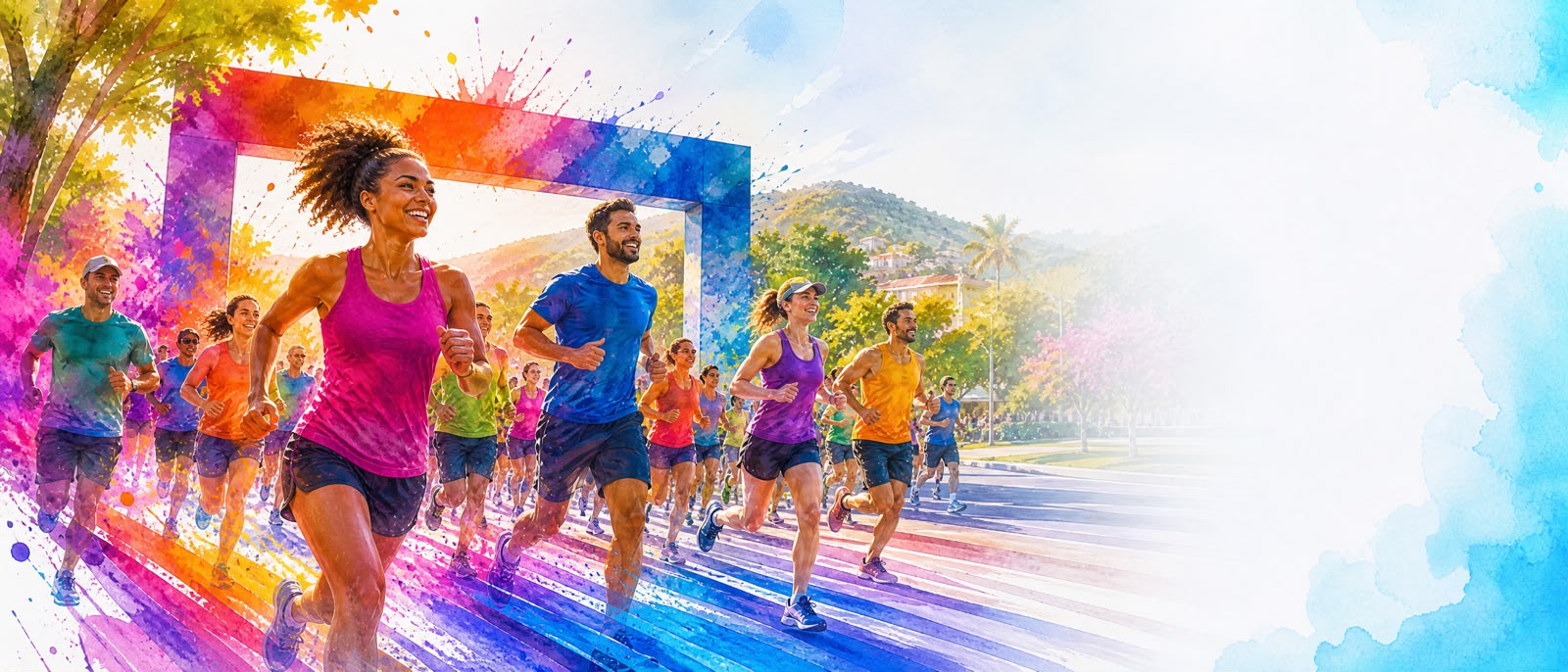 Ilustração em aquarela de corredores sorrindo cruzando o pórtico da corrida