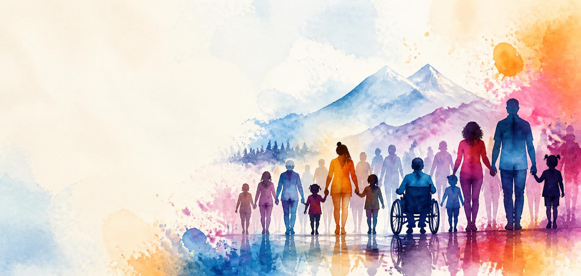 Ilustração em aquarela de famílias e pessoas de todas as idades caminhando juntas